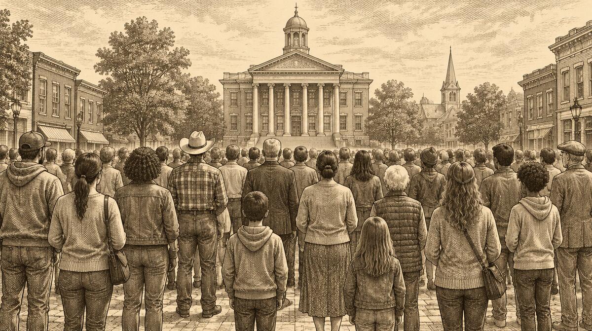 Engraving of a crowd of everyday citizens gathered in a town square facing a courthouse