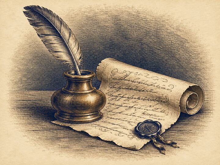 Engraving of a quill in an inkwell beside a sealed parchment scroll
